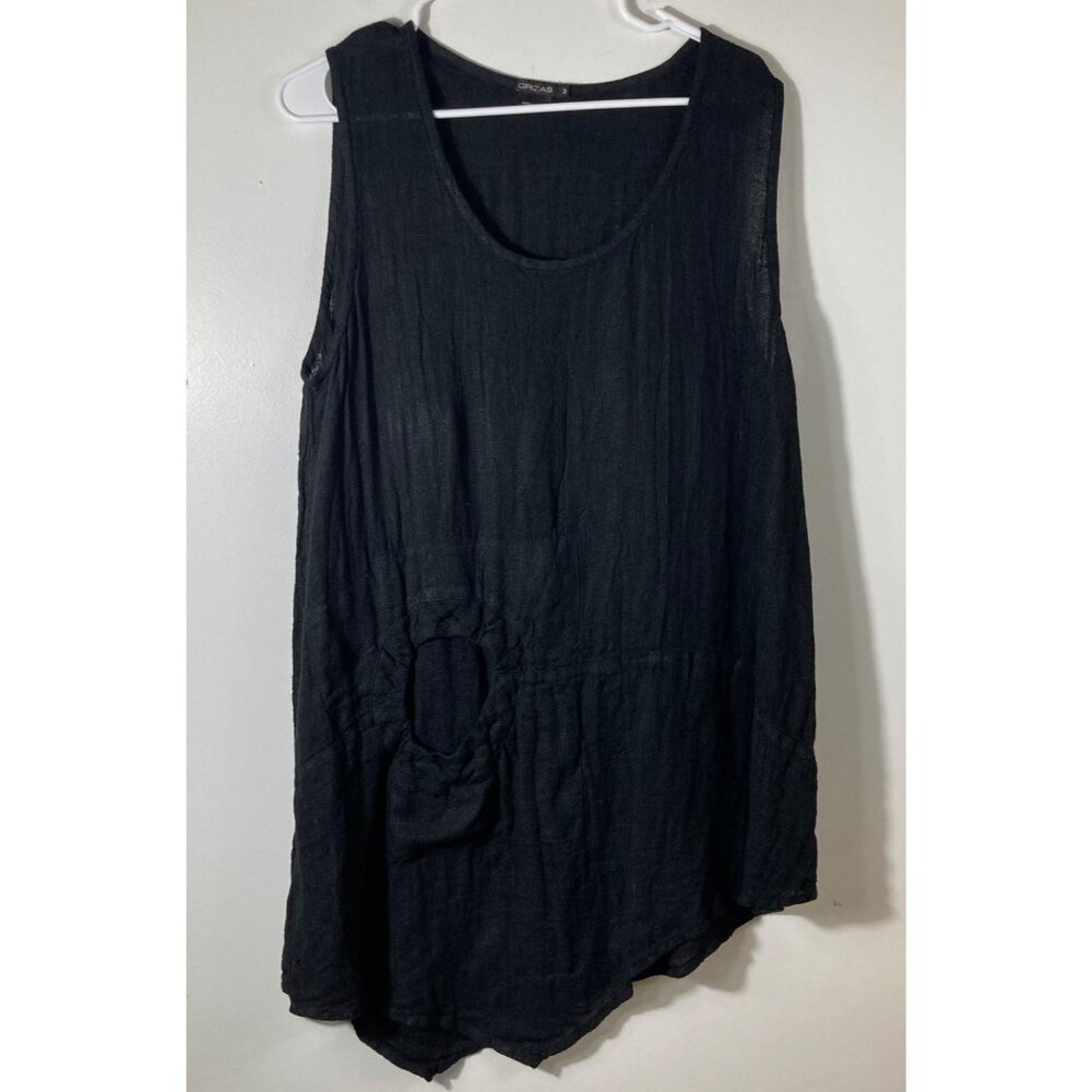 Womens Grizas‎ Sleeveless Linen Lagenlook Asymetrical Tunic Top Pocket Black M